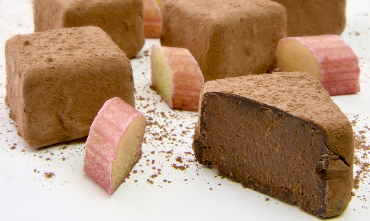 Close-up of delicious vegan and organic, rhubarb and vanilla fool chocolate truffles from Booja-Booja
