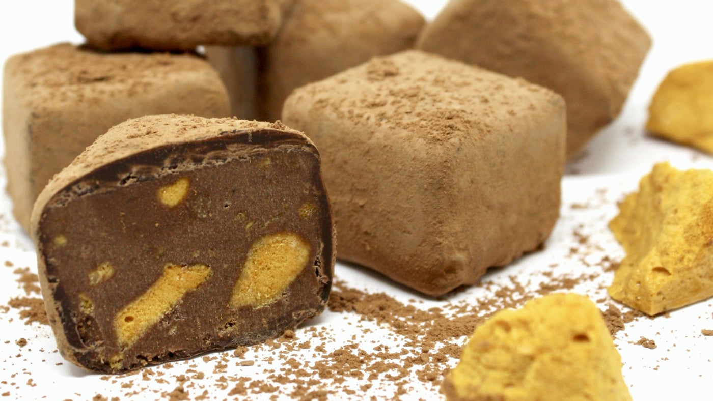 Close up of Booja-Booja vegan and organic Honeycomb Caramel chocolate truffles