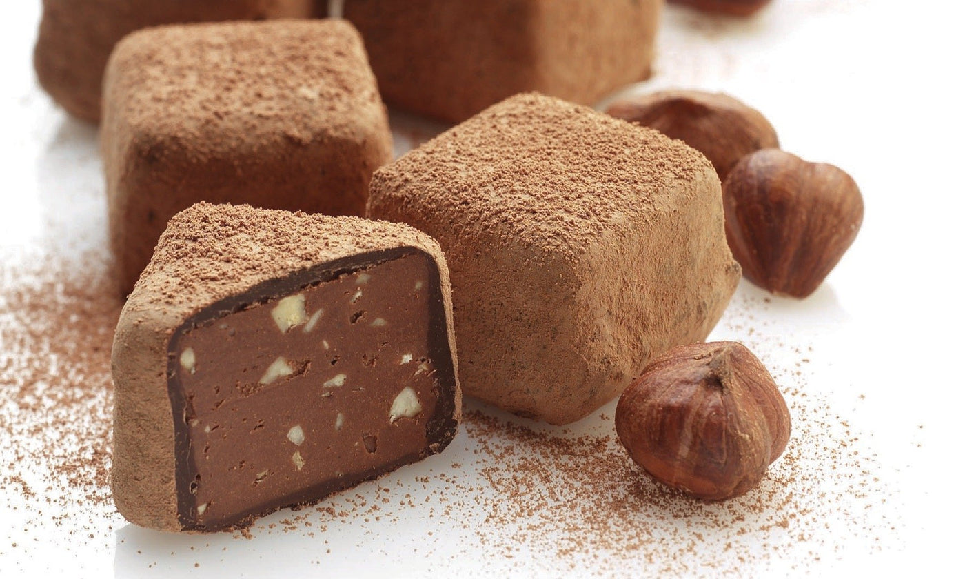Close-up of Booja-Booja hazelnut crunch vegan and organic chocoloate truffles