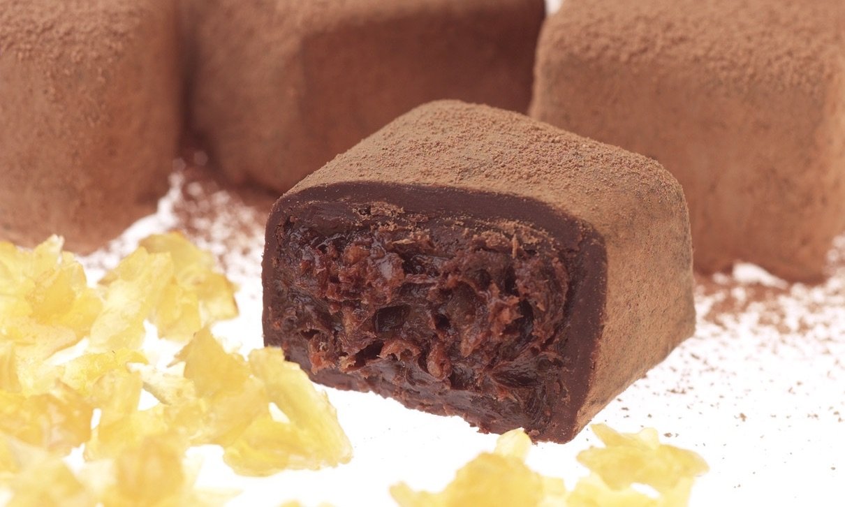 Close-up of delicious vegan and organic Stem Ginger chocolate truffles from Booja-Booja